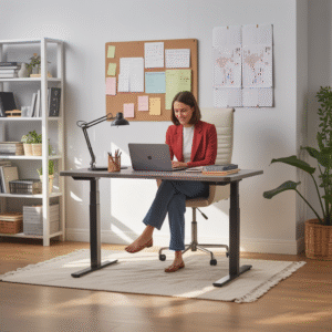 female at her home office utilizing a sitting desk while working