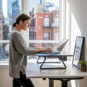  female at her home office utilizing a standing desk while working