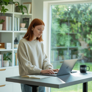  female at her home office utilizing a standing desk while working2